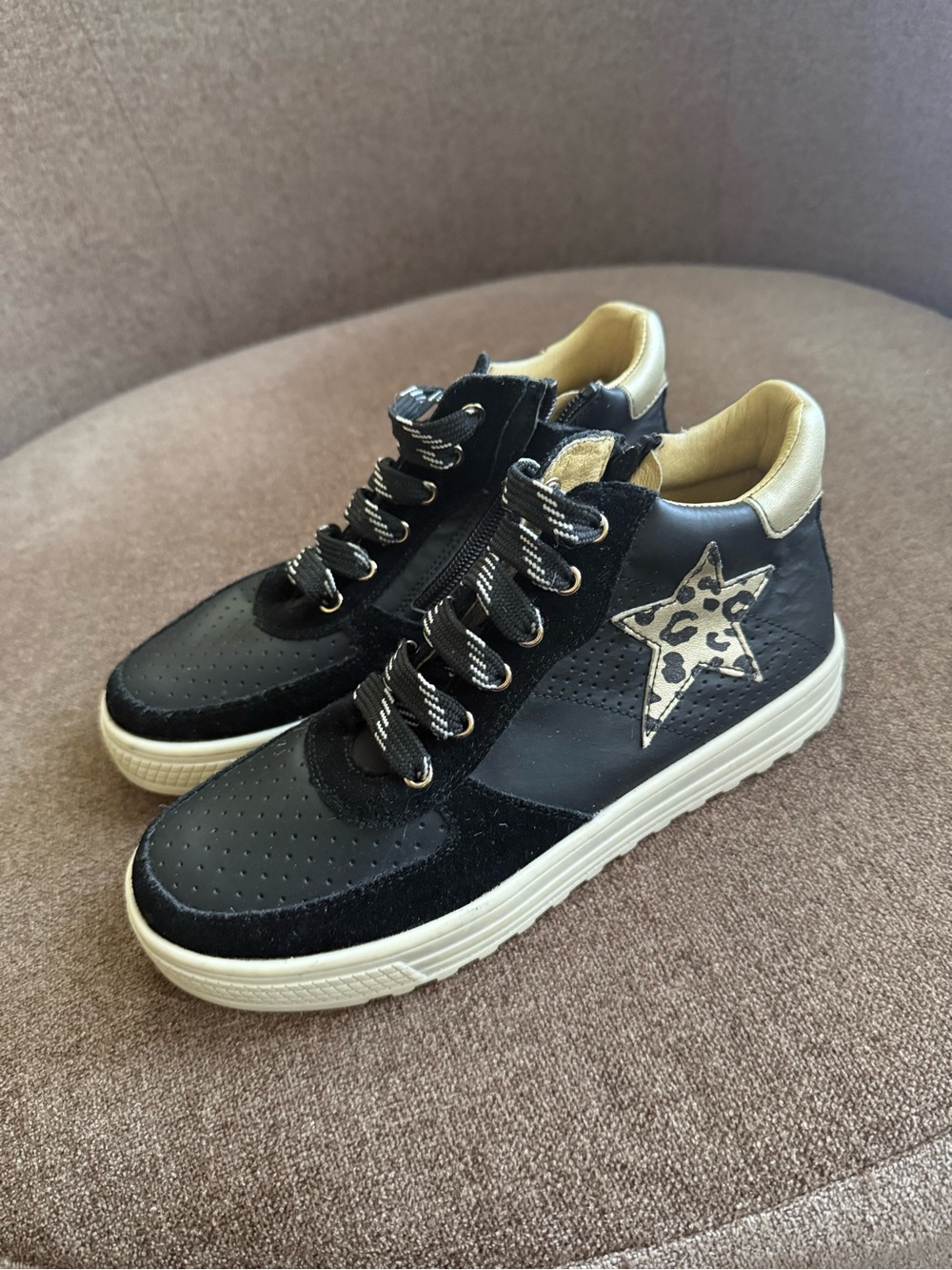 Naturino Black Sneakers with Leopard Star and Gold Trim